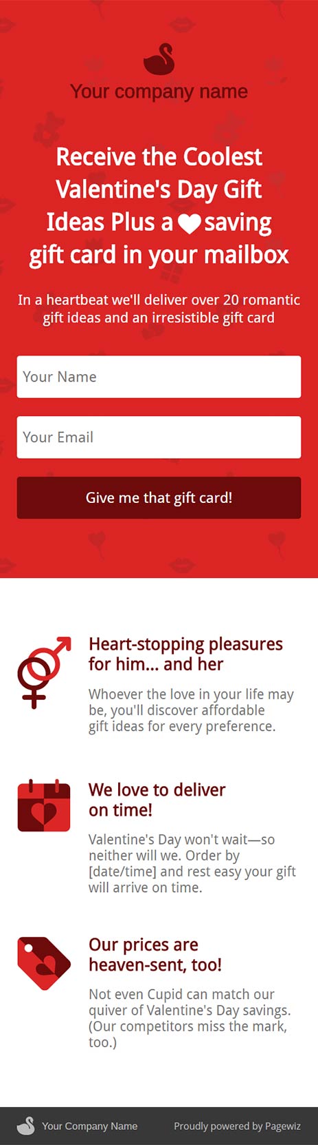 Landing page template: Valentine's Day mailing list