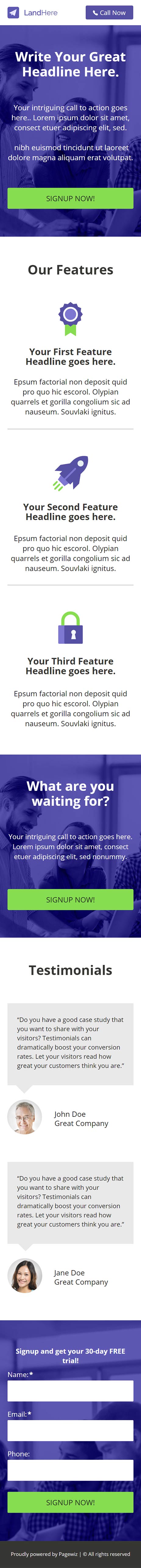 Landing page template: Purple sign up
