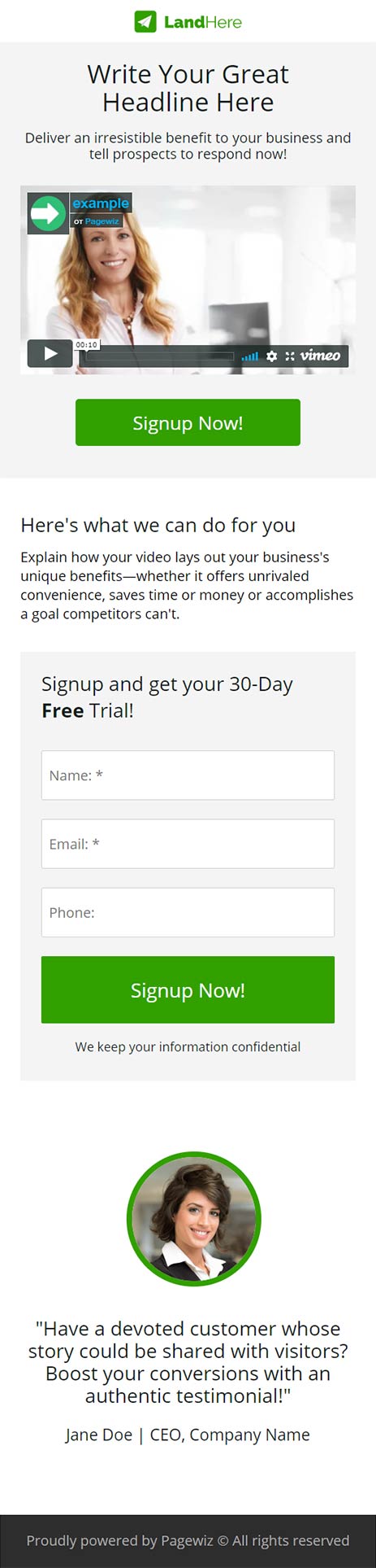 Landing page template: Video-form combination
