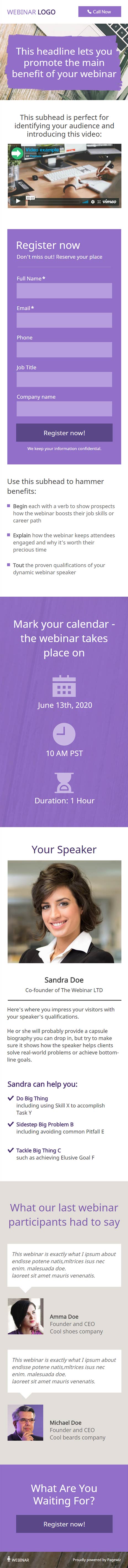 Landing page template: Purple Royalty Webinar